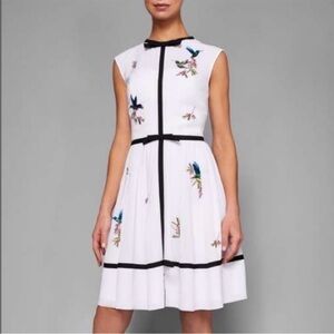 Ted Baker London White Fit-and-Flare Dress with Black Trim and Embroidered Birds